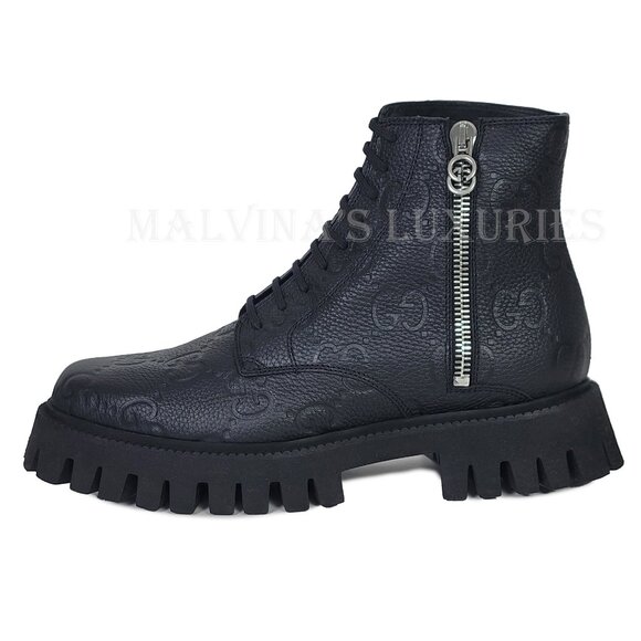 GUCCI BOOTS MENS ANKLE BLACK GG LOGO LEATHER ZIPPER LACE-UP sz 9.5 10 US main image 4